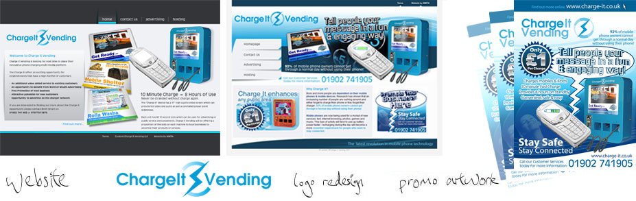 Charge-It Vending logo design and promotional materials for print campaign to accompany the website design of charge-it.co.uk