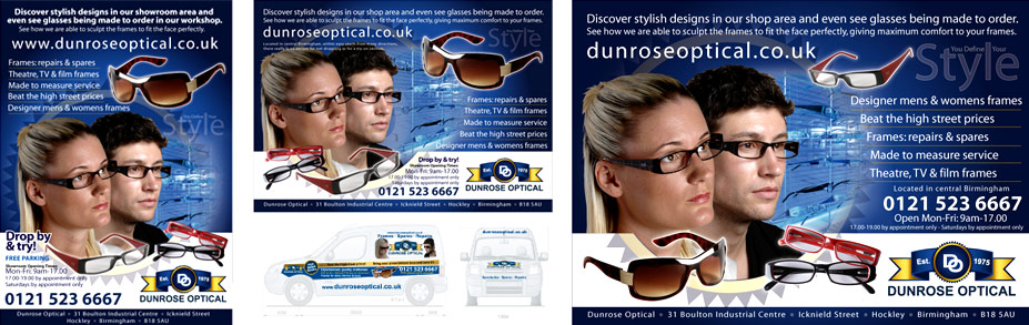 Dunrose Optical needed a flyer/poster design and vehicle graphics. I refined the logo design but wanted to keep it as close to the original as possible. The designs have been made into large signs for the showroom and workshops too.