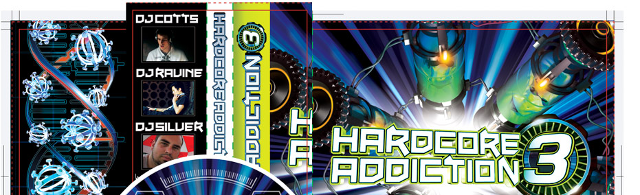 Hardcore Addiction 3 is a happy haprdcore mix album by DJ Cotts and DJ Ravine and features a bonus CD by DJ Silver. I'll post the thinking behind this artwork soon on here and once again there's method to the madness.