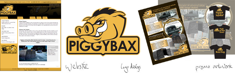I designed the logo, letterheads, business cards, website and promotional material for Piggybax. The identity had to connote strength and resilience for the product, but the clients were also looking for a character or emblem that could be used on contractor's clothing/machinery to promote the brand of Piggybax.