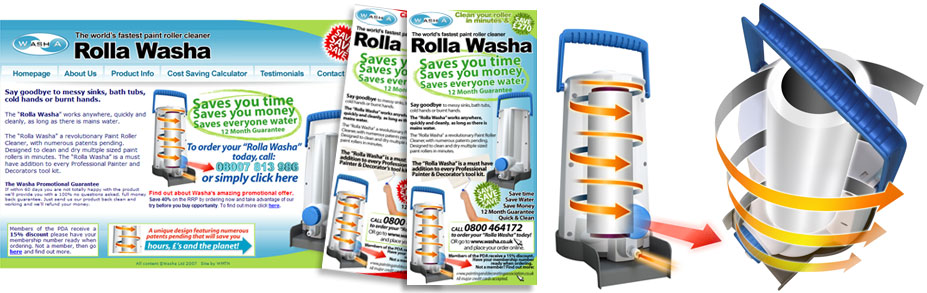Washa required flyers, illustrations and flyer designs for the launch of their 'Rolla Washa' product. A sure fire hit with painters and decorators for cleaning their paint rollers in a fraction of the time.
